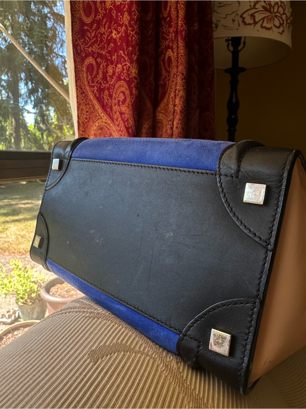 Celine Blue Suede Luggage Tote with Black Trim and Beige Sides - Picture 4 of 8
